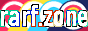 A tiny pixel art button with the text 'rarf.zone' overlaid on some geometric eye-like patterns.