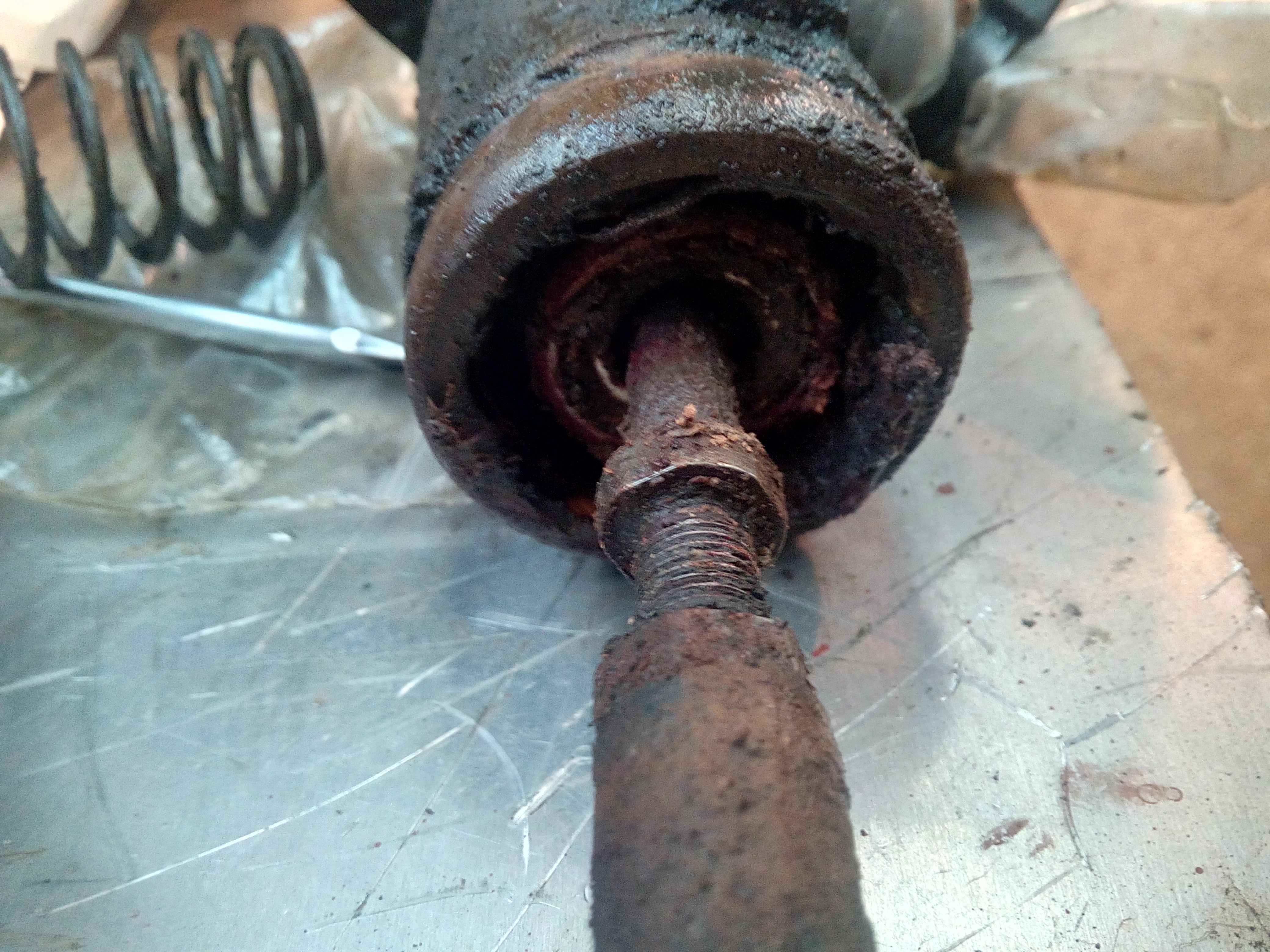 A photograph of the end of the rear brake actuator, showing a
horrible greasy rotten mess.
