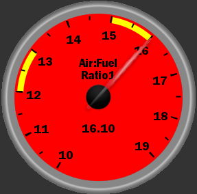 Screenshot from TunerStudio, where a virtual gauge shows the air
fuel ratio to be at 16.1 to 1.