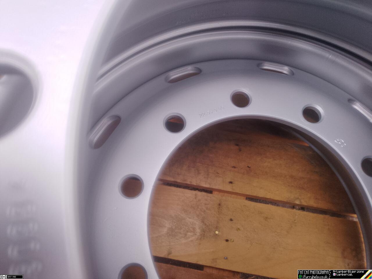 Looking down through the top of the wheel stack, at the wheel flange with its countersunk bolt-holes