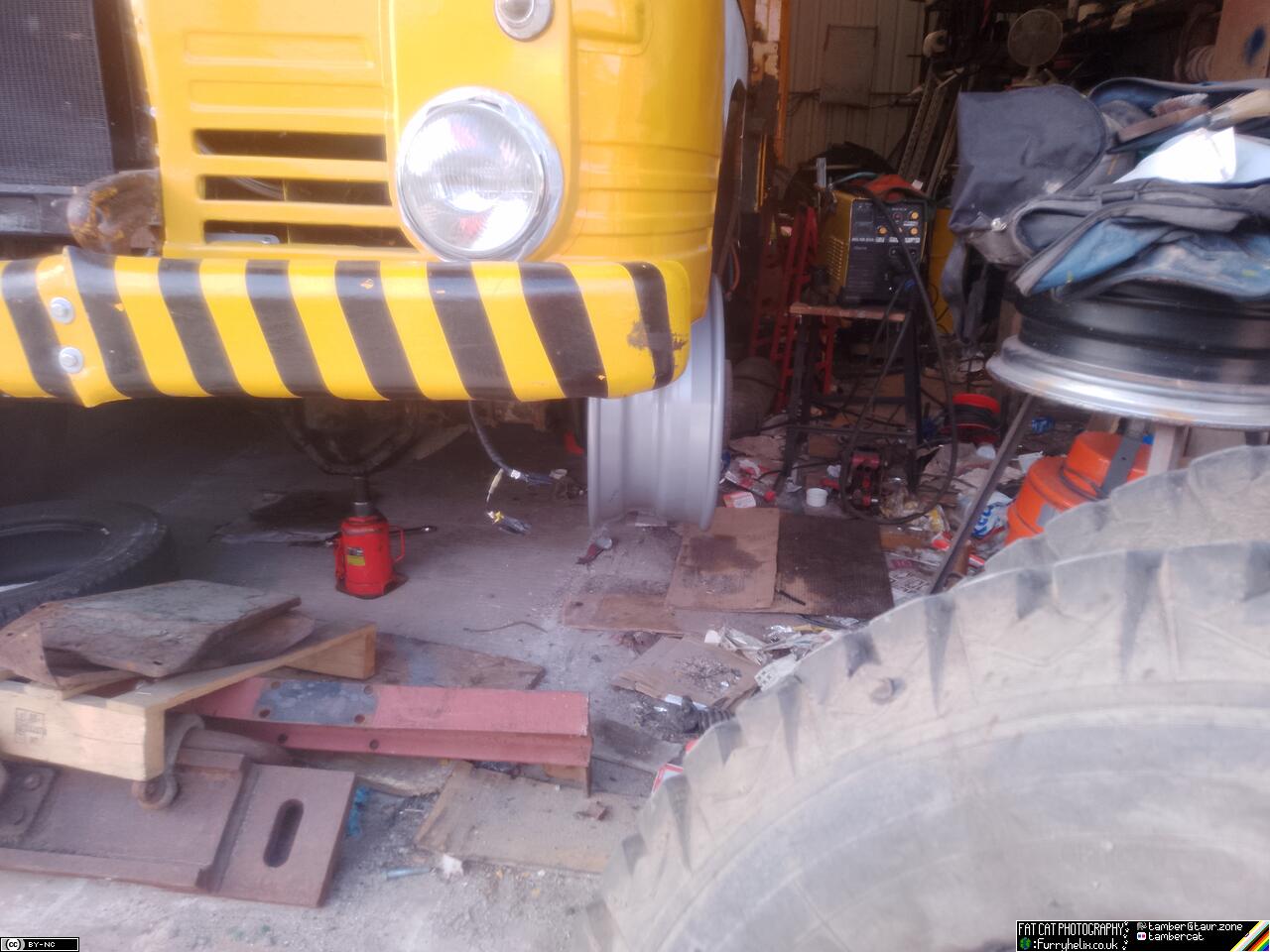 Truck photographed from the front, with the new wheel in place
