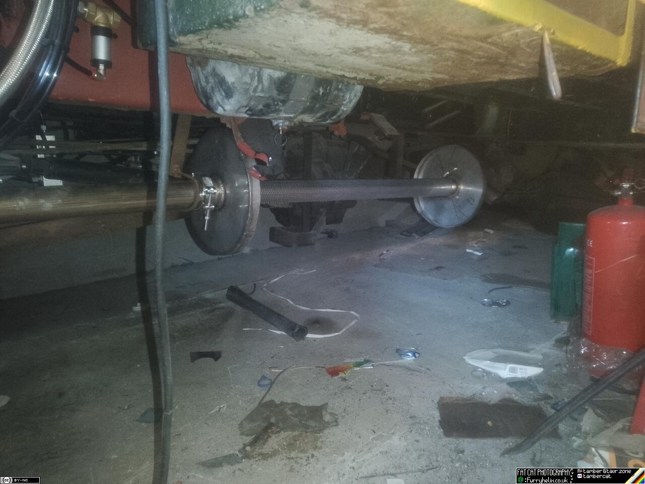 The silencer hanging in place on wire underneath the truck. It's way too big. It looks so ridiculous.