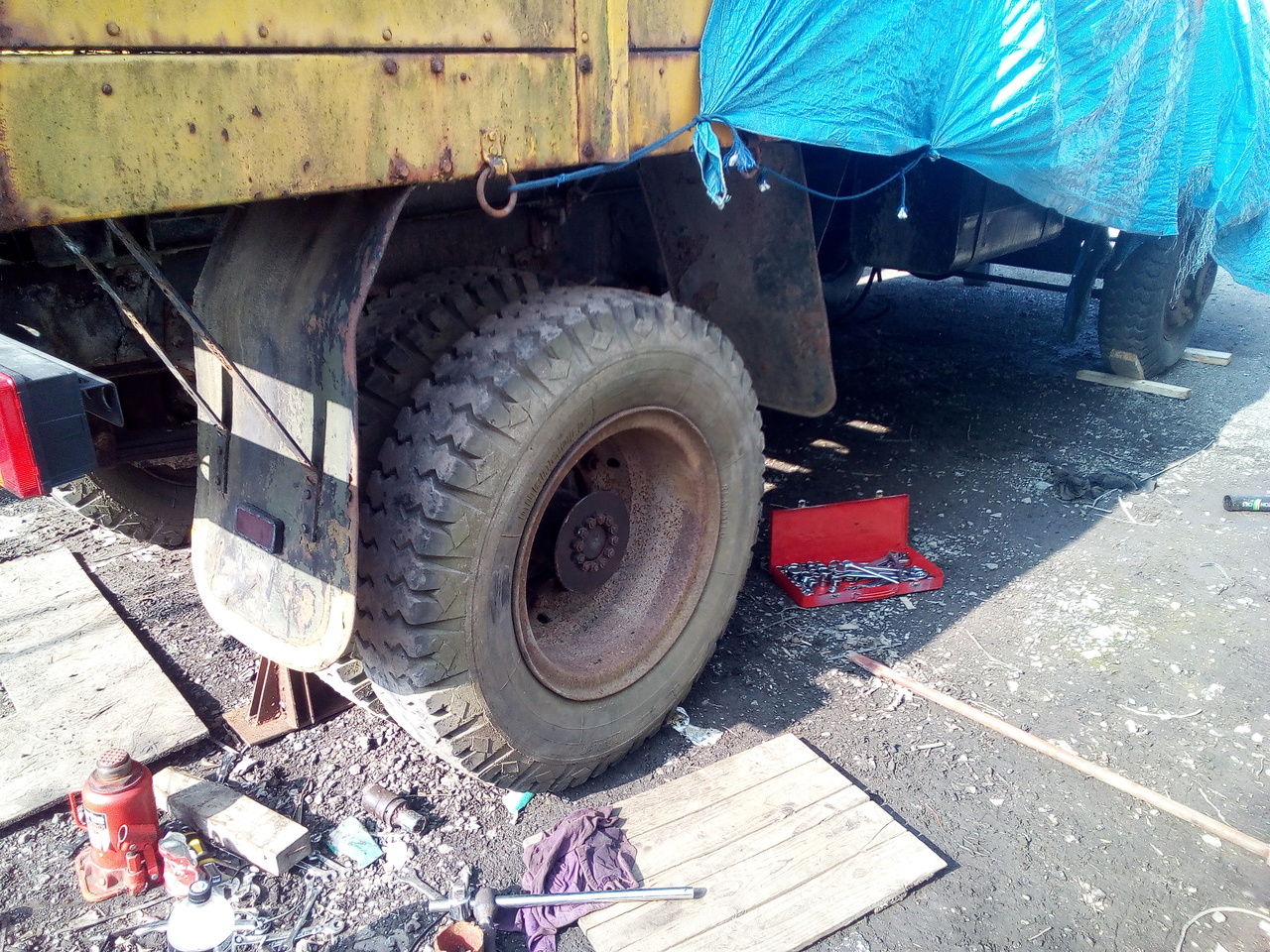 The rear wheels refitted to the truck.