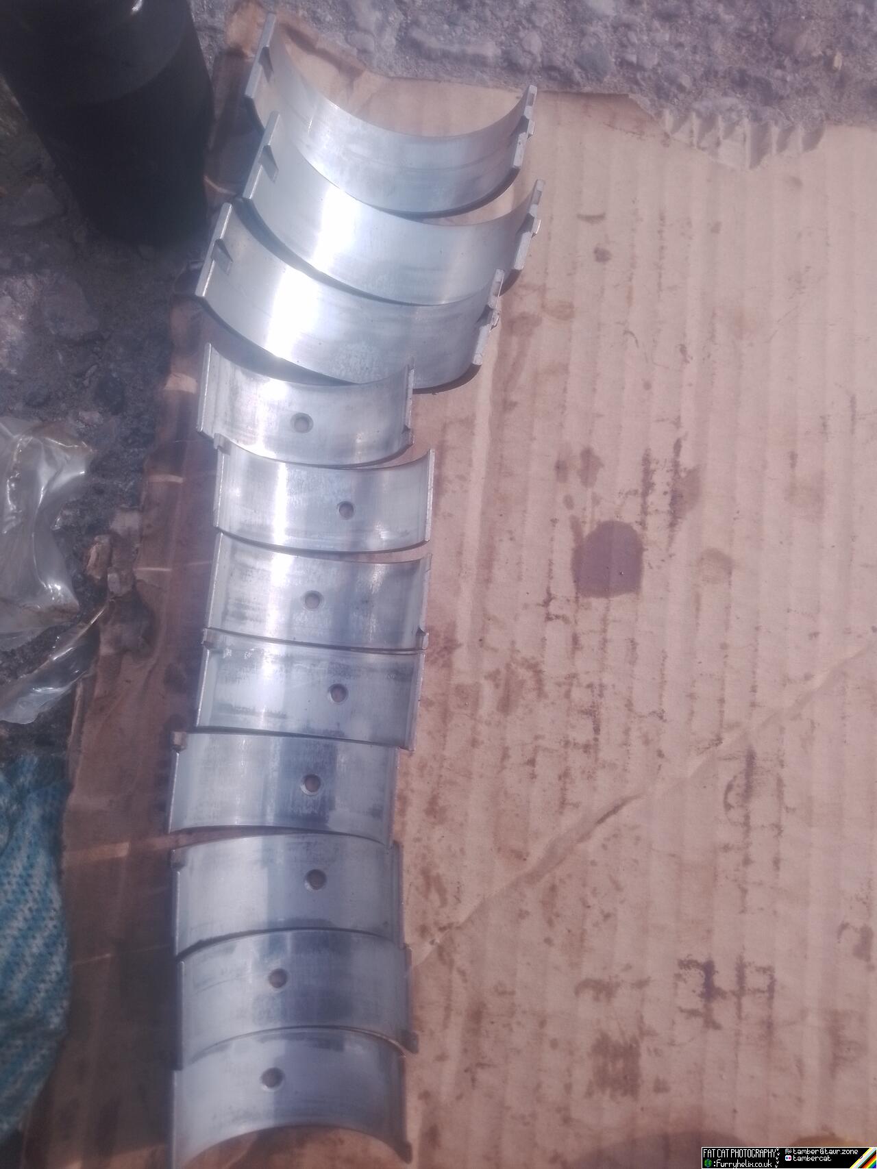The original rod and main bearings laying on a piece of cardboard, they look somewhat worn